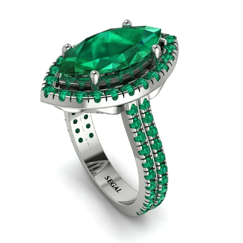 Classic Gold Band Ring-Gorgeous Marquise Cut Emerald Pave Double Shank Engagement Ring With Hidden Stone - Miriam No. 21