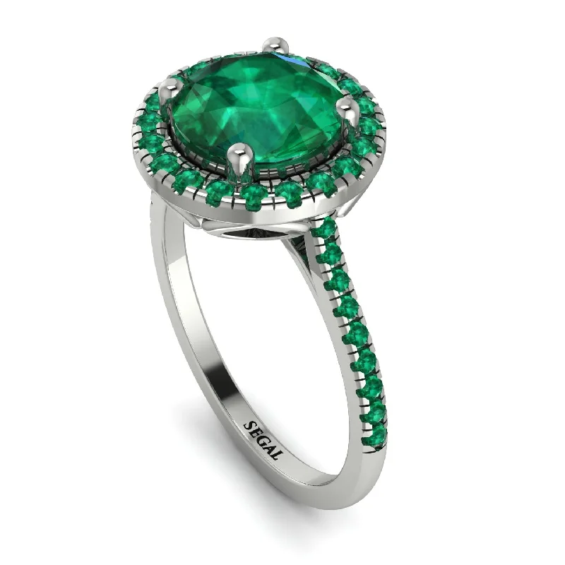 Classic Gemstone Wedding Band-Gorgeous Round Cut Emerald Pave Engagement Ring With Hidden Stone - Ellen No. 21