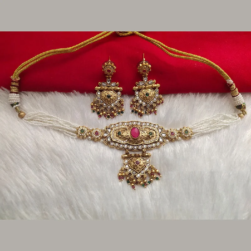 Simple Gold Necklace-Kala Creation Gold Plated Pota Stone And Pearl Necklace Set