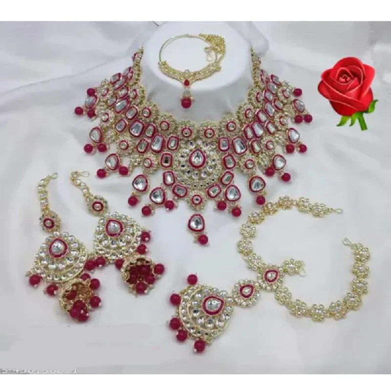 Birthstone Necklace for Mom-Neetu Art Gold Plated Kundan Stone And Beads Meenakari Semi Bridal Necklace Set