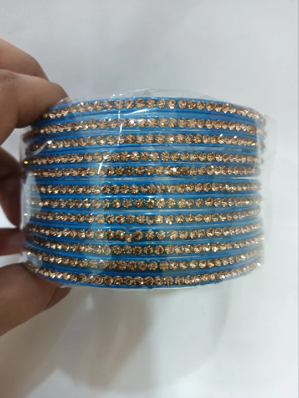 Personalized Name Bangles-Pleasing Blue Color Glass Bangles With Flashing Gold Stone For Women