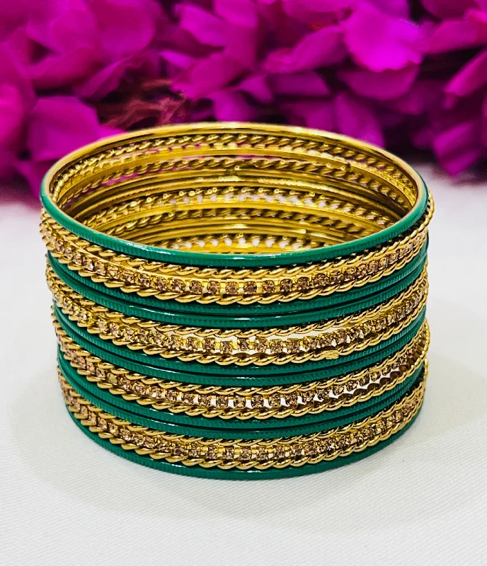 Luxurious Gold Bangles-Charming Light Green Color Metal Bangles With Glitter Stones For Women