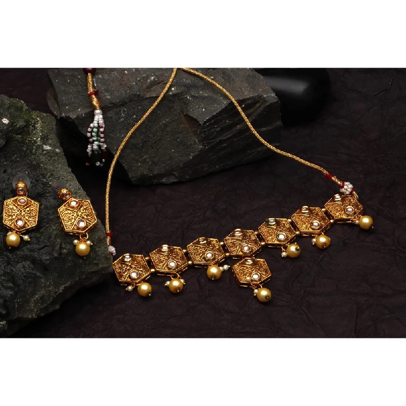 Vintage Crystal Necklace-Darshana Jewels Gold Plated Pota Stone Choker Necklace Set