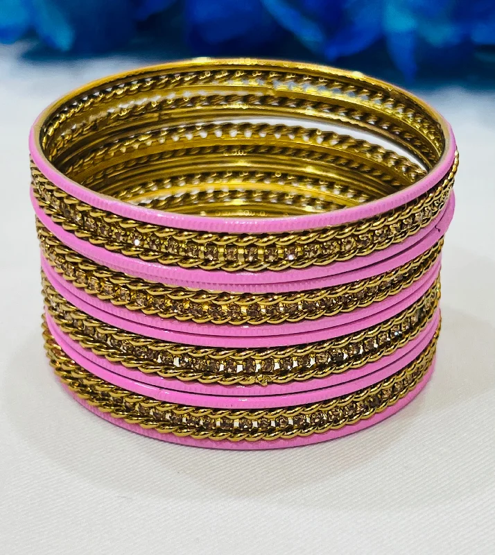 Stunning Gold Bangle Set-Gorgeous Pink Color Metal Bangles With Stones For Women