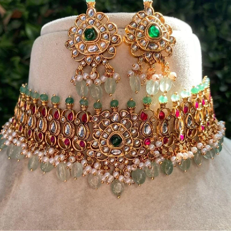 Gold Necklace with Gemstones-Shagna Gold Plated Kundan Stone Pearl And Beads Choker Necklace Set