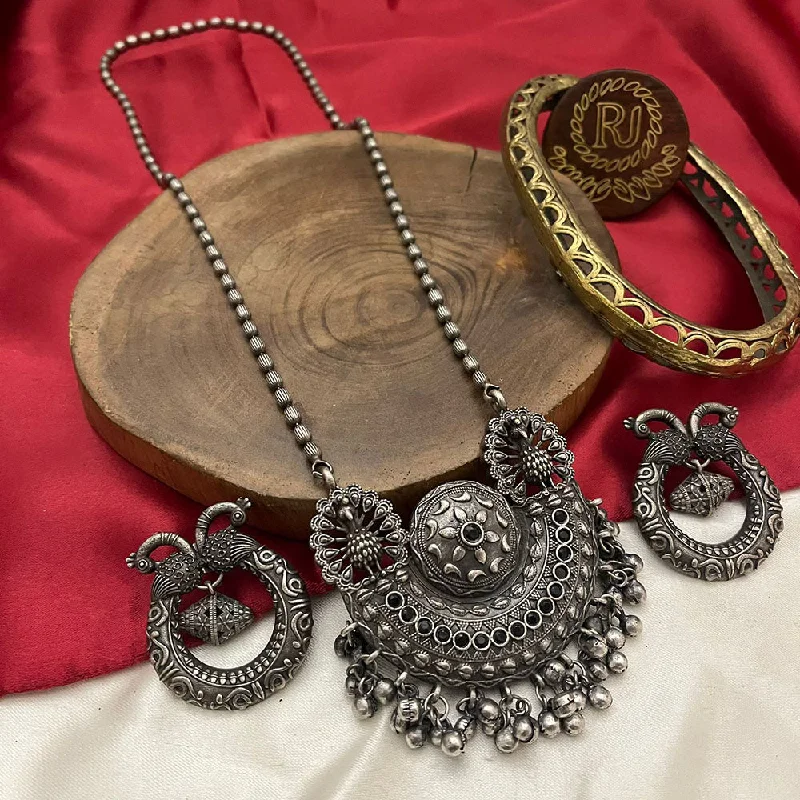 Unique Heart Necklace-FS Collection Oxidised Plated Pota Stone Long Necklace Set