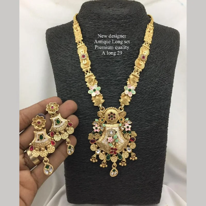 Beaded Necklace for Women-FS Collection Antique Gold Plated Pota Stone And Pearls Long Necklace Set