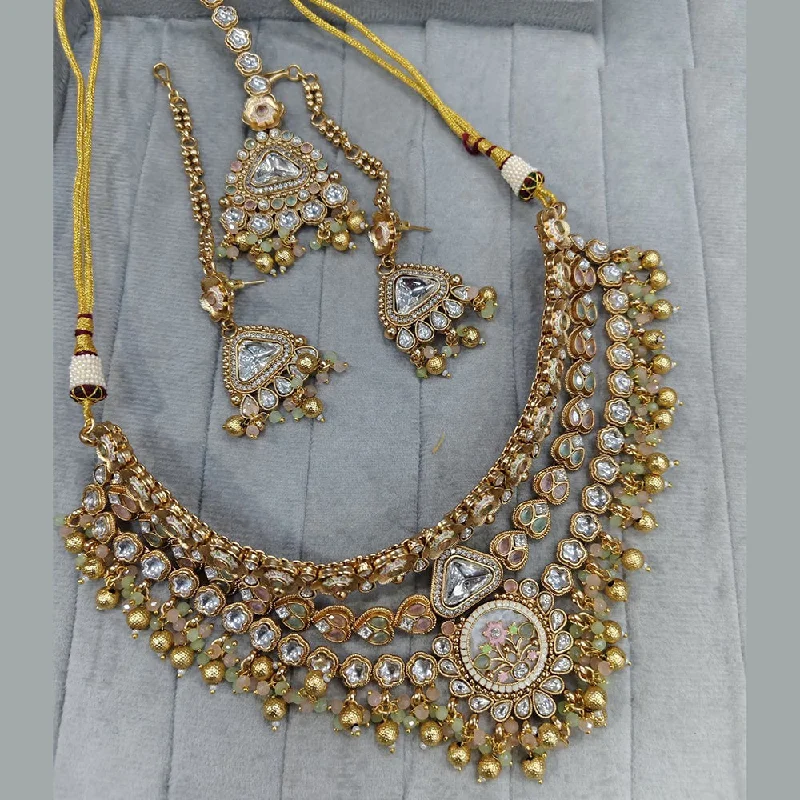 Gold Bead Necklace-JCM Gold Plated Kundan Stone And Pearls Choker Necklace Set