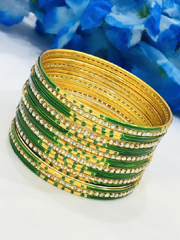 Antique Silver Bangles-Gorgeous Green Color Stone Design Metal Bangles For Women