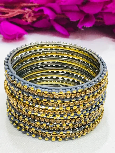 Double Bangle Set-Attractive Gray Colored Golden Stone Metal Bangles For Girls