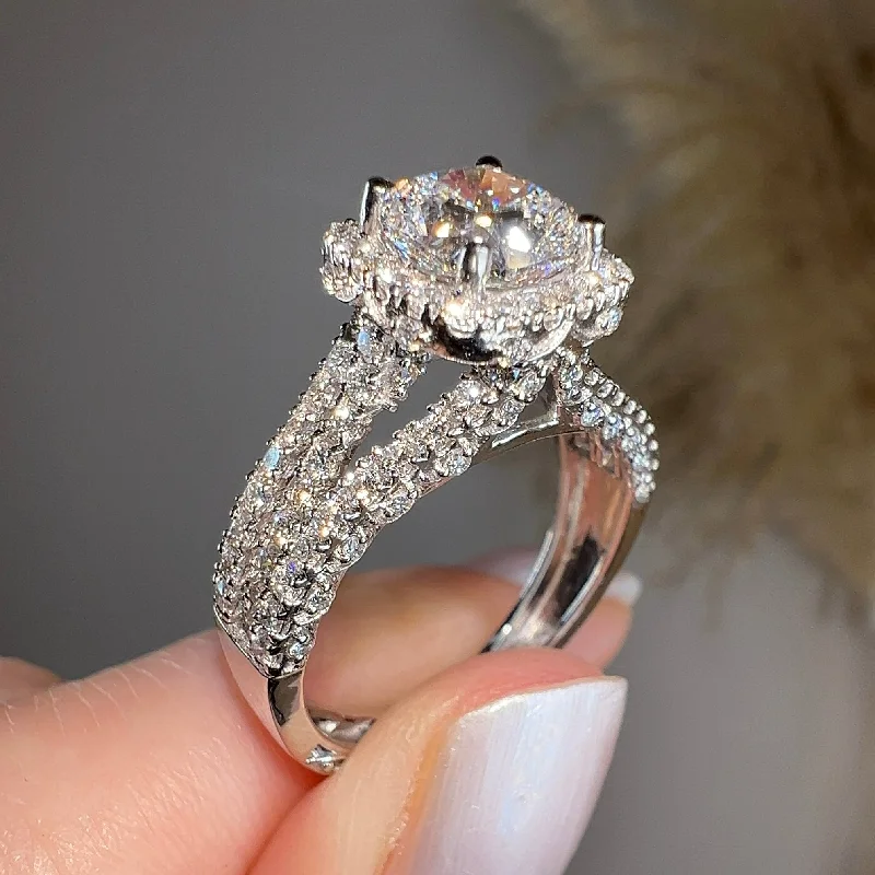 Elegant Gold Signet Ring-"Samara" Halo 1.25 Carat Cushion Cut Three Row Diamond Shoulder Platinum Engagement Ring