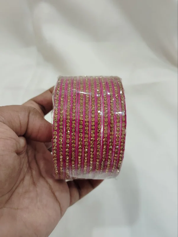 Exclusive Designer Bangles-Charming Pink Color Glass Bangles With Stones For Women