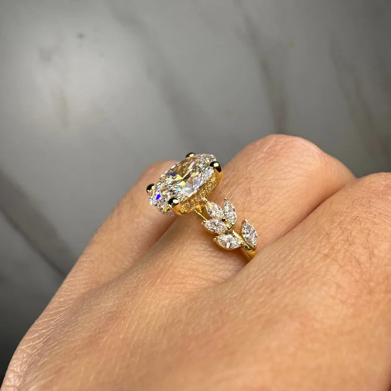 Rose Gold Stacking Rings-"Daisy" Oval Cut Under Halo with Marquise Cut Diamond Shoulder Engagement Ring