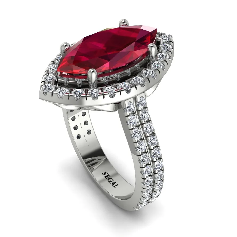 Silver Heart Shaped Ring-Gorgeous Marquise Cut Ruby Pave Double Shank Engagement Ring With Hidden Stone - Miriam No. 12