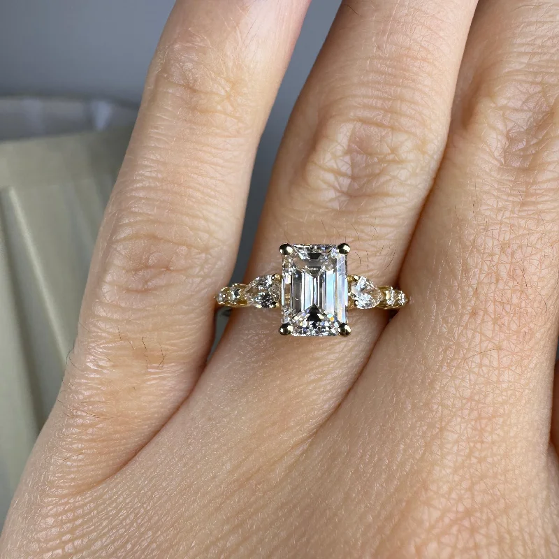 Designer Rose Gold Ring-"Elaska" Emerald Cut 4 Carat Yellow Gold Diamond Shoulder Engagement Ring