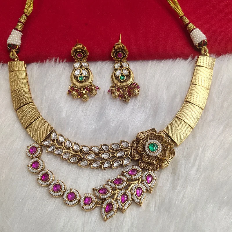 Trendy Gold Pendant Necklace-Kala Creation Gold Plated Pota Stone Necklace Set