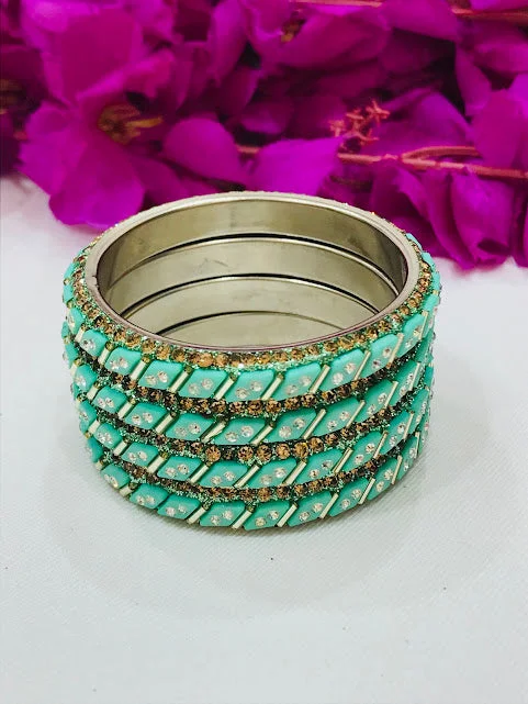 Luxury Pearl Bangle Set-Gorgeous Pista Green Colored Stone Work Metal Bangles For Girls