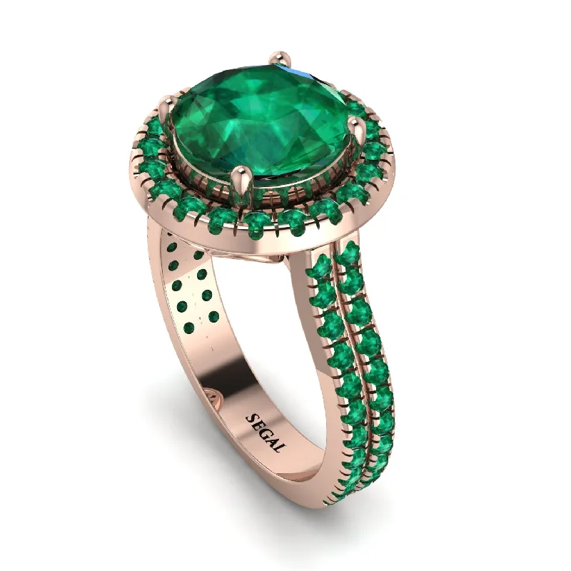 Trendy Silver Ring-Gorgeous Round Cut Emerald Pave Double Shank Engagement Ring With Hidden Stone - Ellen No. 20