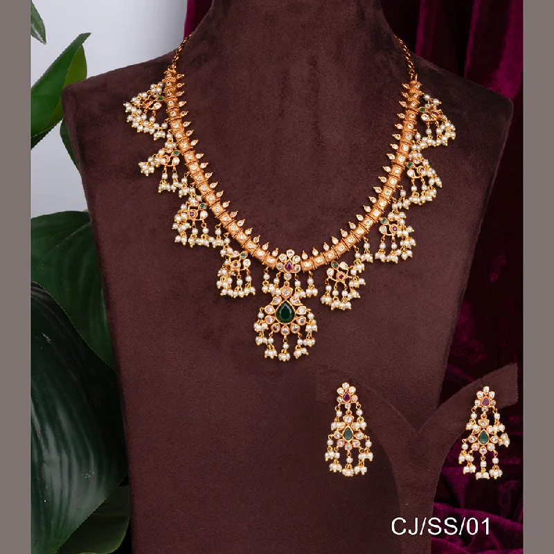 Long Gold Necklace-Chiccharm Jewellery Brass and Copper Rajwadi Temple Hasli Necklace Set