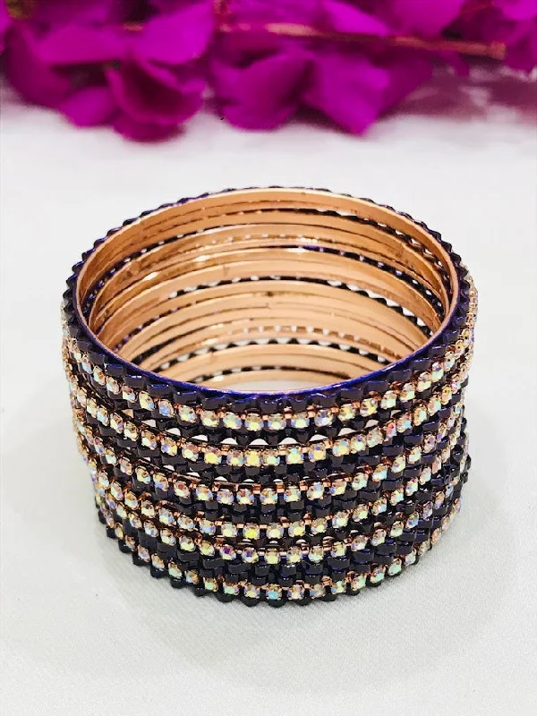 Gemstone-Studded Wedding Bangles-Attractive Dark Blue Colored Designer Fancy Bangles With White Stones