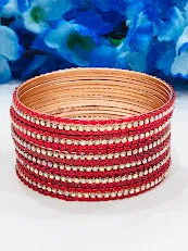 Handmade Silver Bangles-Appealing Red Color Metal Bangles With White Stones For Women