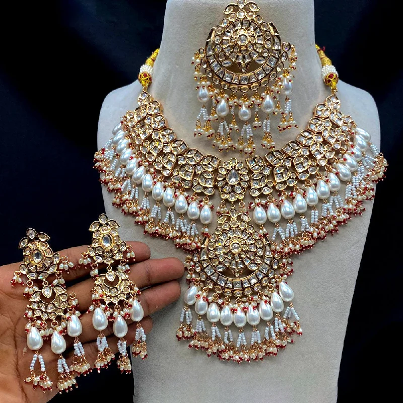 Double Pendant Necklace-Amoliya Jewels Gold Plated Polki Kundan Stone And Beads Necklace Set