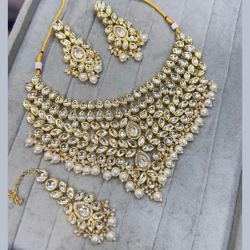 Lightweight Gold Necklace-JCM Gold Plated Kundan Stone And Pearls Choker Necklace Set