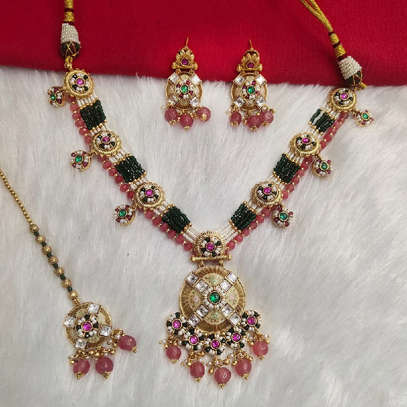 Fashionable Choker Necklace-Kala Creation Gold Plated Pota Stone And Pearl Necklace Set