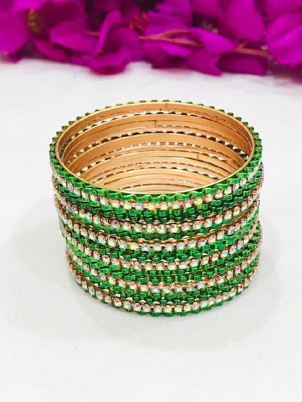 Custom Wedding Bangles-Appealing Green Colored Wave Design Metal Designer Bangles Set