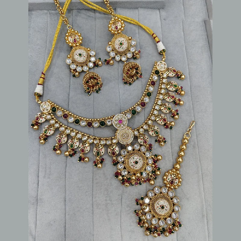 Designer Gold Necklace-JCM Gold Plated Kundan Stone And Pearls Meenakari Necklace Set