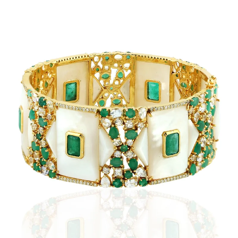 Ethnic Gold Bangles-Diamond Emerald and Pearl Queens Bangle