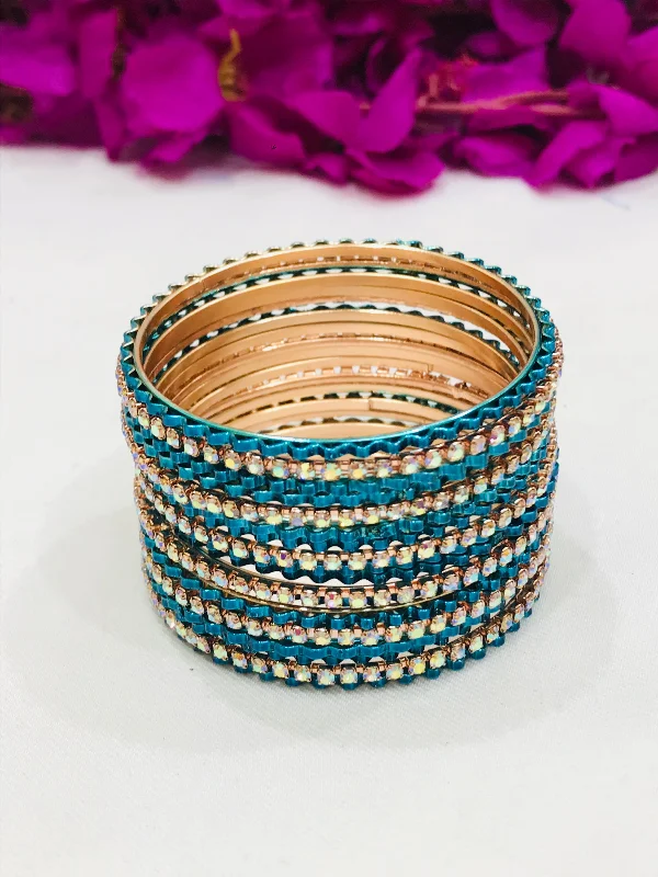 Personalized Silver Bangle-Alluring Blue Color Designer Metal Bangles Set With Stones For Girls