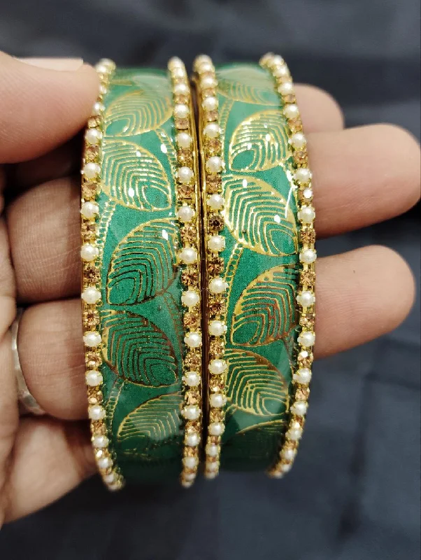 Unique Gold Bangles Set-Attractive Green Color Checked Design Glass Bangles For Women