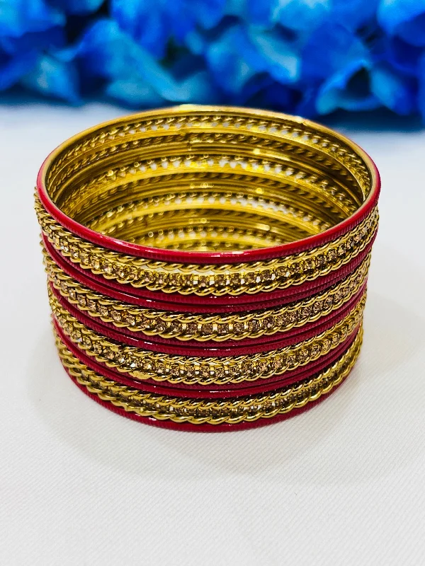 Traditional Beaded Bangles-Delightful Red Color Metal Bangles With Glimmer Stone Work For Women