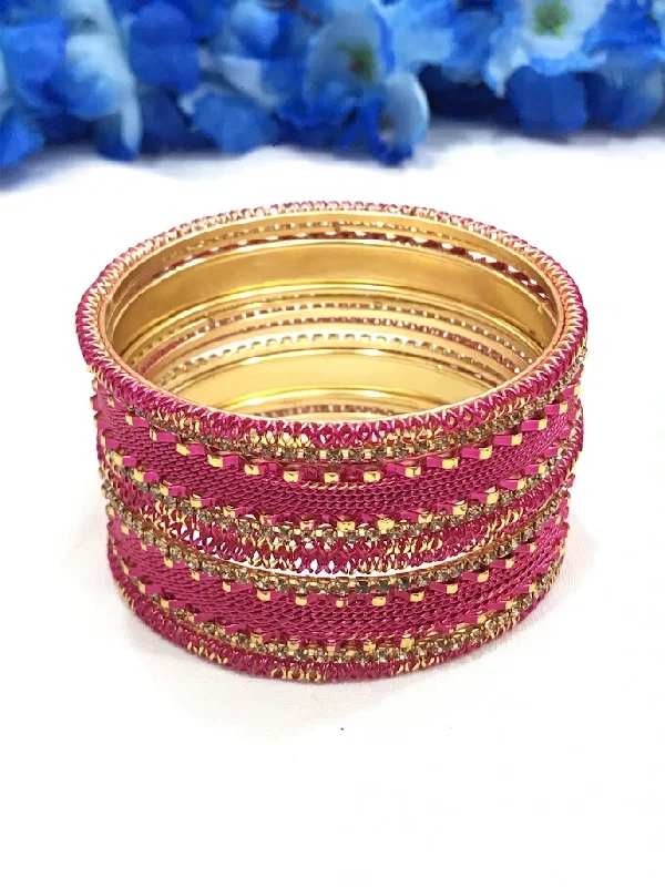 Chunky Silver Wedding Bangles-Beautiful Dark Pink Color Design Metal Bangles For Women