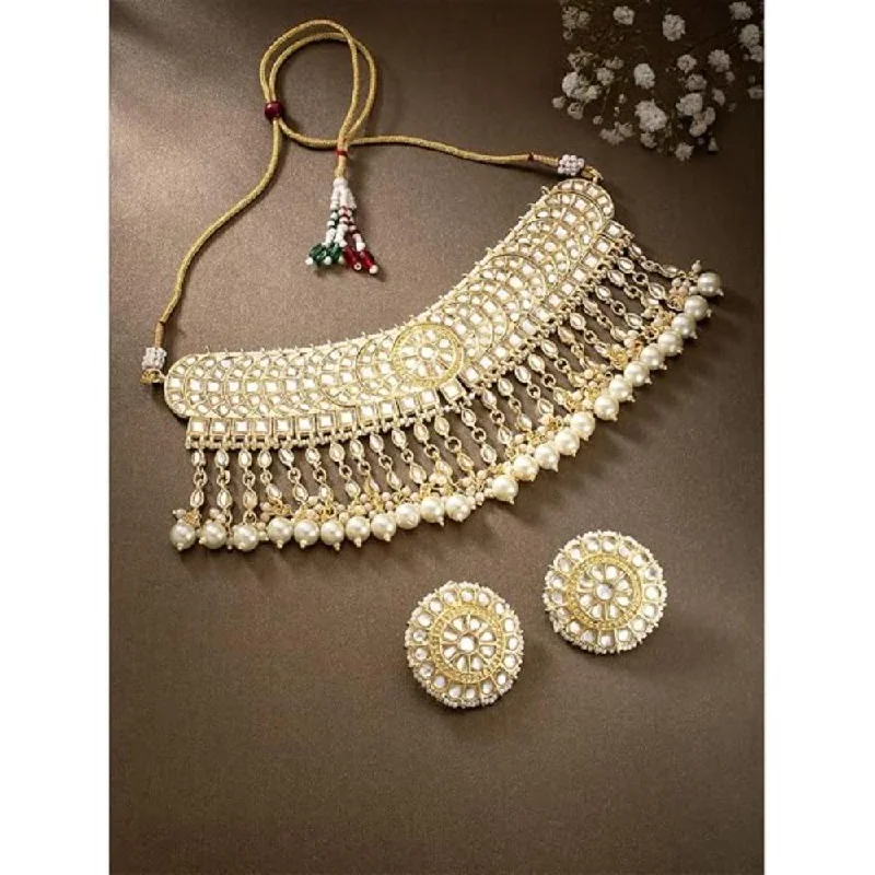 Gemstone Drop Necklace-Etnico Gold Plated Traditional Kundan & Pearl Studded Bridal Choker Necklace With Round Earrings Jewellery Set For Women (K7210W)