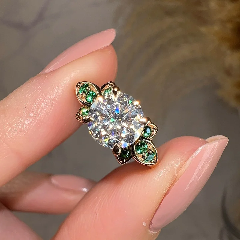 Simple Diamond Ring-"Orla" Floral Round Brilliant Cut Diamond Green Leaf Marquise Emerald Rose Gold Engagement Ring