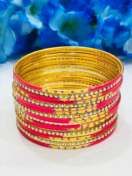 Handcrafted Gold Bangles-Splendiferous Pink Colored  White Stone Design Metal Bangle Set For Women