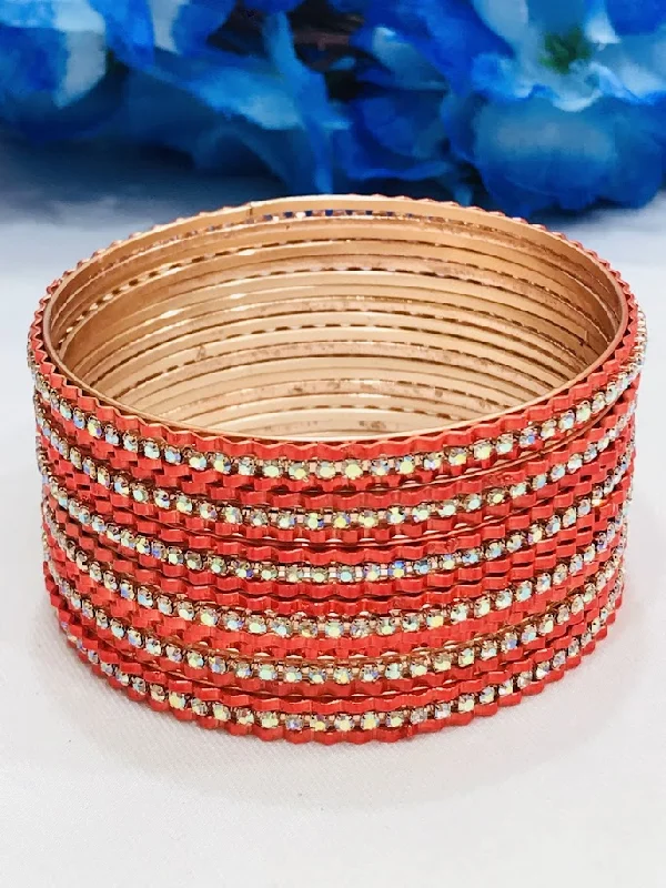 Stacking Gold Bangles-Dazzling Red Color Stone Worked Party Wear Metal Bangles For Women