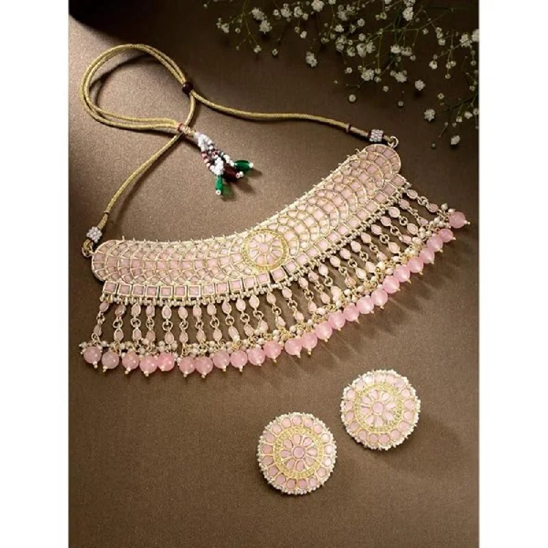 Name Necklace for Mom-Etnico Gold Plated Traditional Kundan & Pearl Studded Choker Necklace Set For Women/Girls (K7210) (Full Pink)