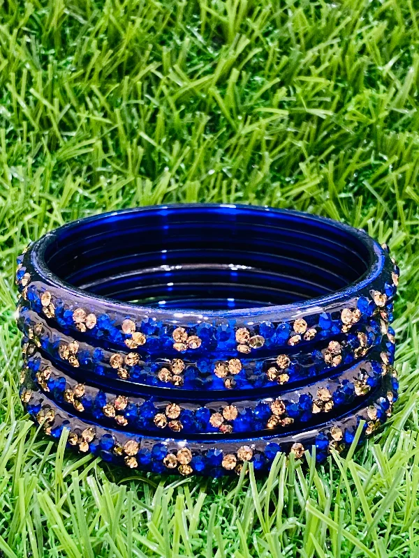 Traditional Wedding Bangles-Alluring Blue Color Stoned Design Glass Bangles For Women