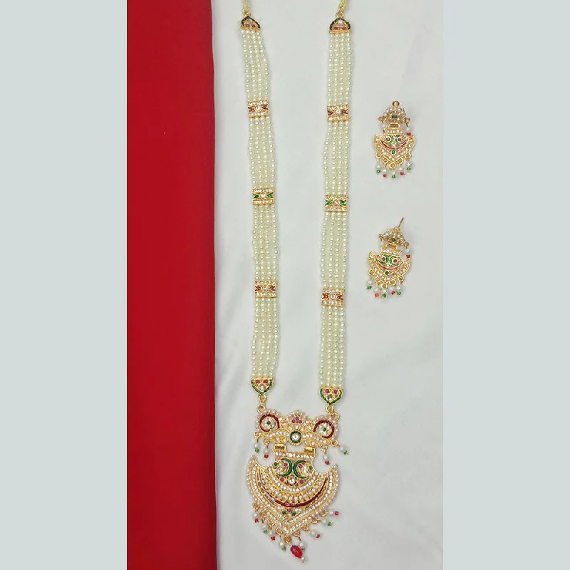 Statement Necklaces for Parties-SP Jewellery Gold Plated Austrian Stone And Pearls Long Necklace Set