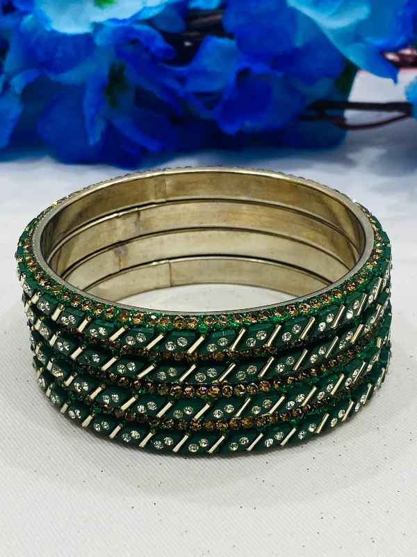 Simple Diamond Bangles-Fanciable Green Color Metal Bangles With Glint White Stone For Women