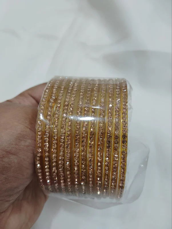 Simple Wedding Bangle Set-Dazzling Gold Color Glass Bangles With Stones For Women