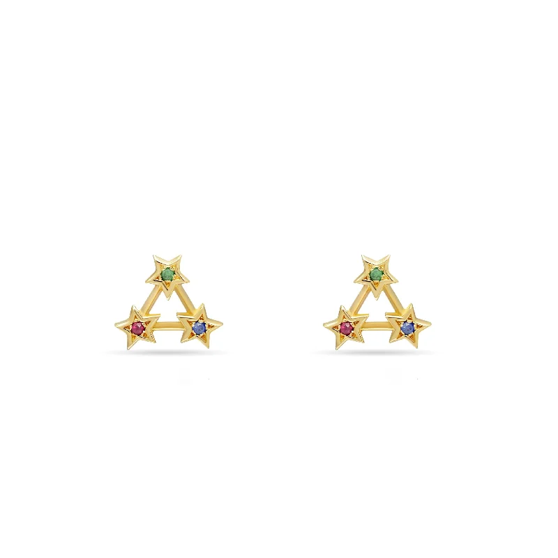 Gold Hoop Earrings-Rainbow Star Stud Earring - 14 karat gold earring studs, ruby 0.02ct, sapphire 0.02ct, emerald 0.02ct