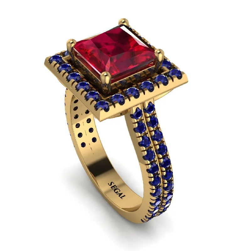 Classic Gold Band Ring-Gorgeous Princess Cut Ruby Pave Double Shank Engagement Ring With Hidden Stone - Margot No. 70