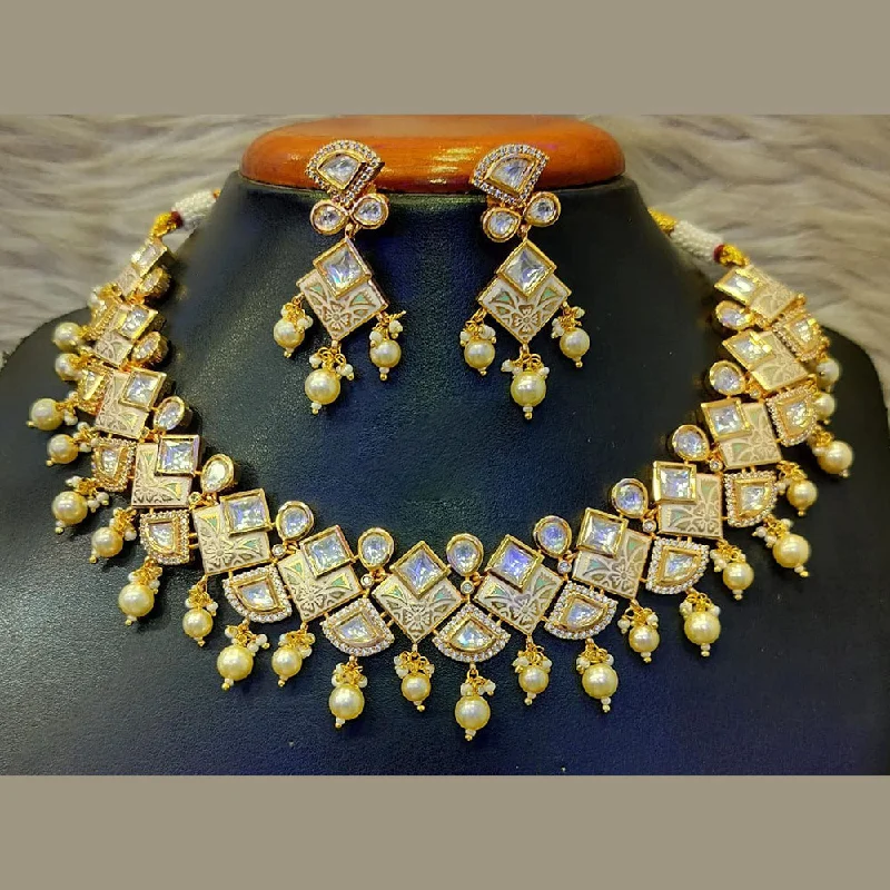 Simple Gold Necklace-Jain Jewellers Gold Plated Polki Kundan Stone Meenakari Necklace Set