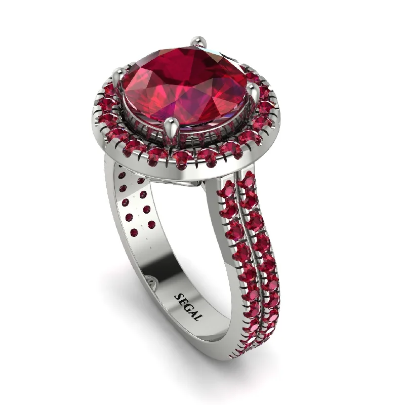 Solitaire Engagement Ring-Gorgeous Round Cut Ruby Pave Double Shank Engagement Ring With Hidden Stone - Ellen No. 57