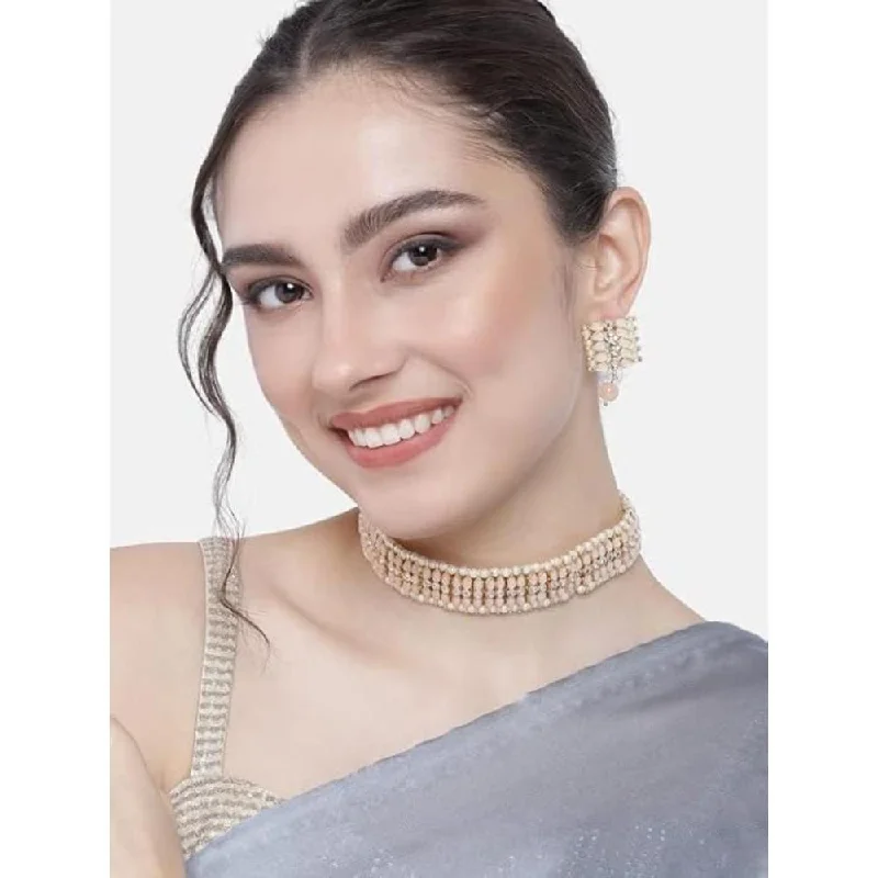 Diamond and Pearl Necklace-Etnico Gold Plated Traditional Kundan Pearl Choker Necklace Jewellery Set For Women And Girls (K7209) (Peach)