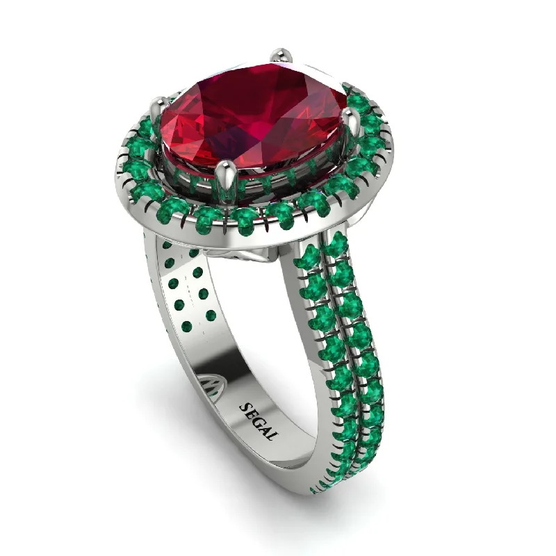 Artistic Design Ring-Gorgeous Oval Cut Ruby Pave Double Shank Engagement Ring With Hidden Stone - Phoebe No. 27